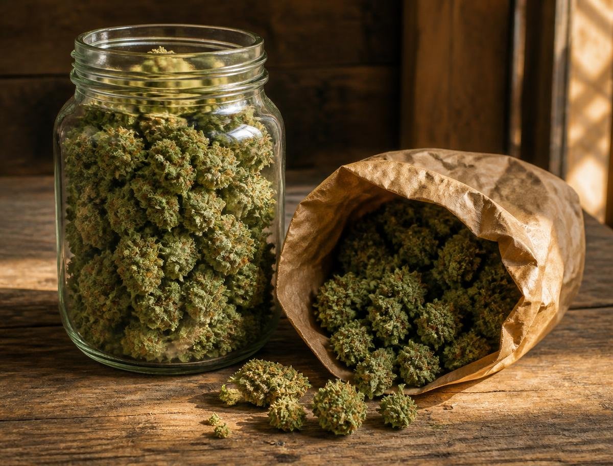Jar and paper bag of value cannabis flower for bulk ounce orders