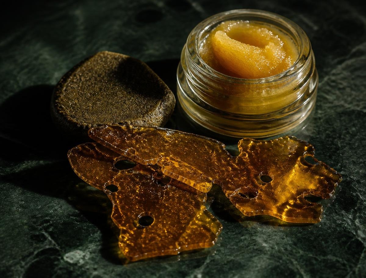 Amber shatter, budder in a jar and a pressed hash puck