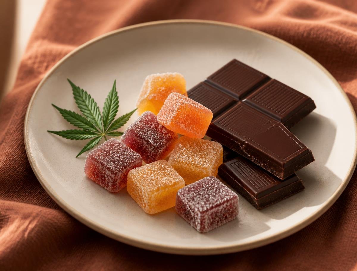 THC gummies and chocolate squares on a ceramic plate