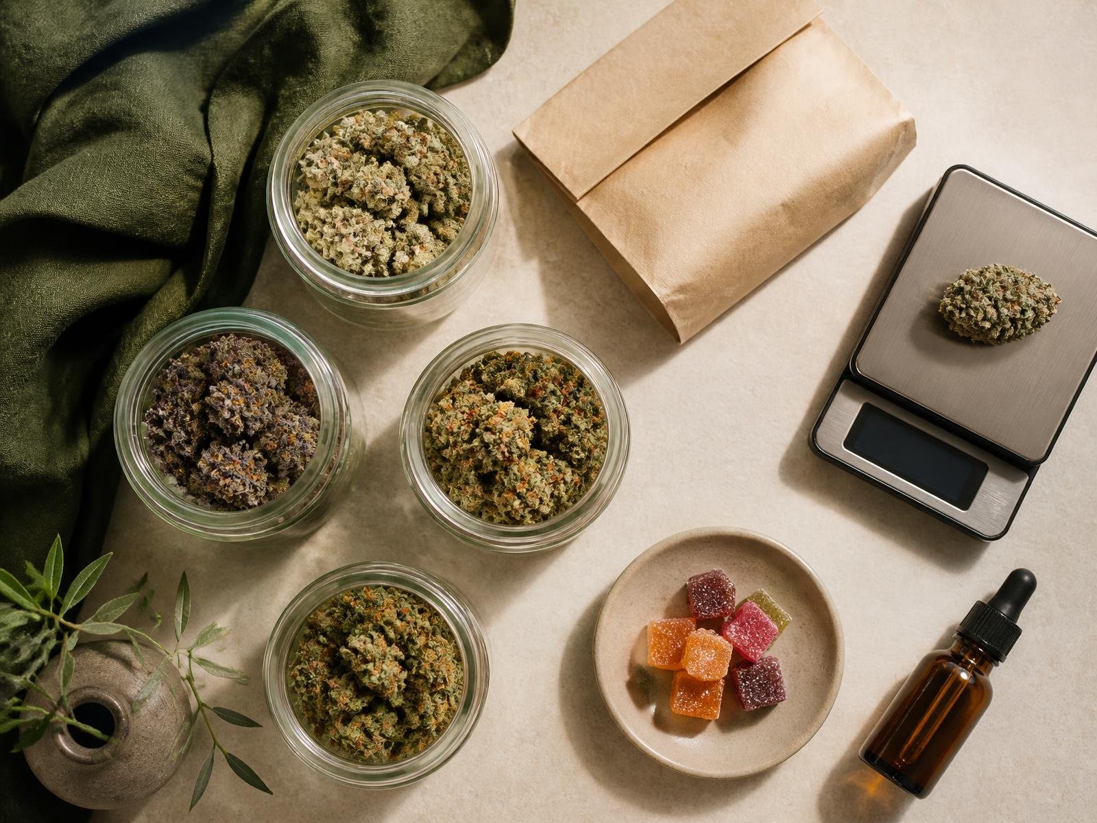 Jars of cured cannabis strains, gummies, a scale and a plain kraft parcel laid out for a Ganja Express order