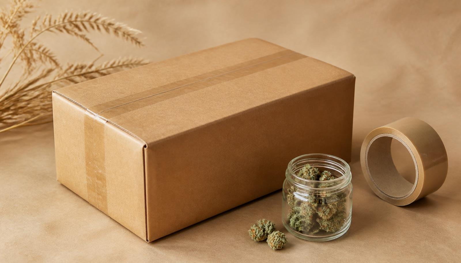 Sealed plain kraft parcel with a jar of cannabis flower and packing tape