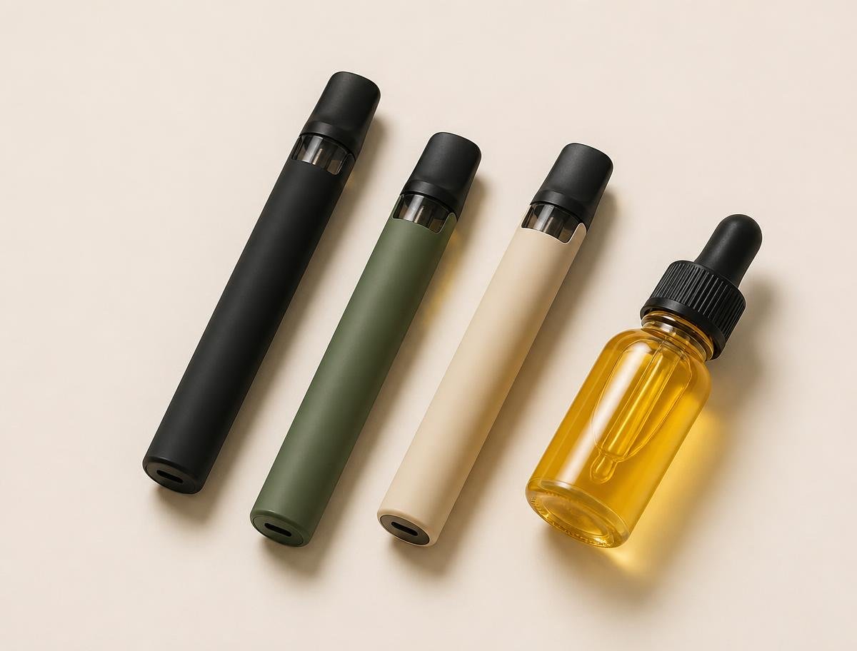 Unbranded vape pens beside a bottle of golden oil
